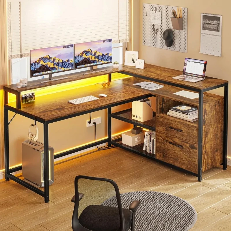 

L Shaped Desk, 55" Home Office Desk with Drawers for Legal/Letter File, L Shaped Gaming Desk with LED Lights, Printer