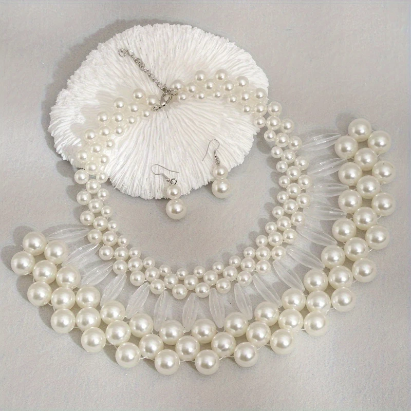 2 Teile/satz Handgemachte Imitation Perle Mehrschichtige Halskette Ohrringe, Frauen Persönlichkeit Übertrieben Design Party Schmuck Geschenke – Detail 2
