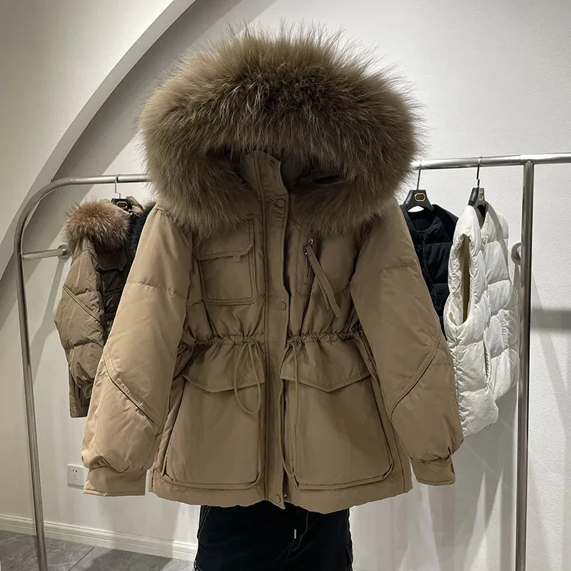 2023 New Winter Women Warm Hooded Big Real Fur Collar White Duck Down Big Pocket Thicken Coat Korean Version Parker Down Jacket