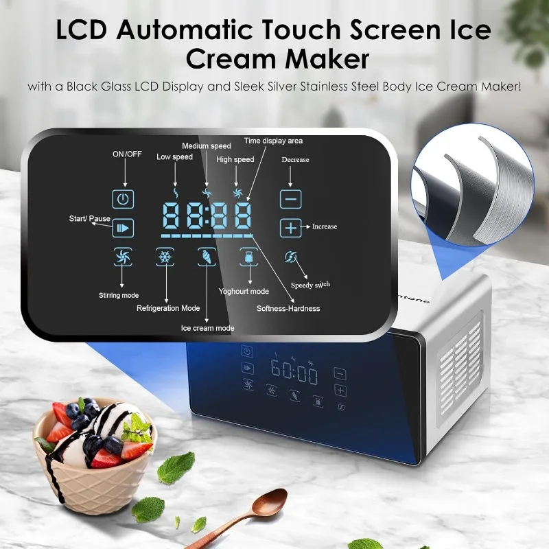 Ice Cream Maker with Compressor, 4 Modes, Adjusted Speed 1.6 Quart,LCD Touch Screen Homemade Soft & Hard Ice Cream Machine