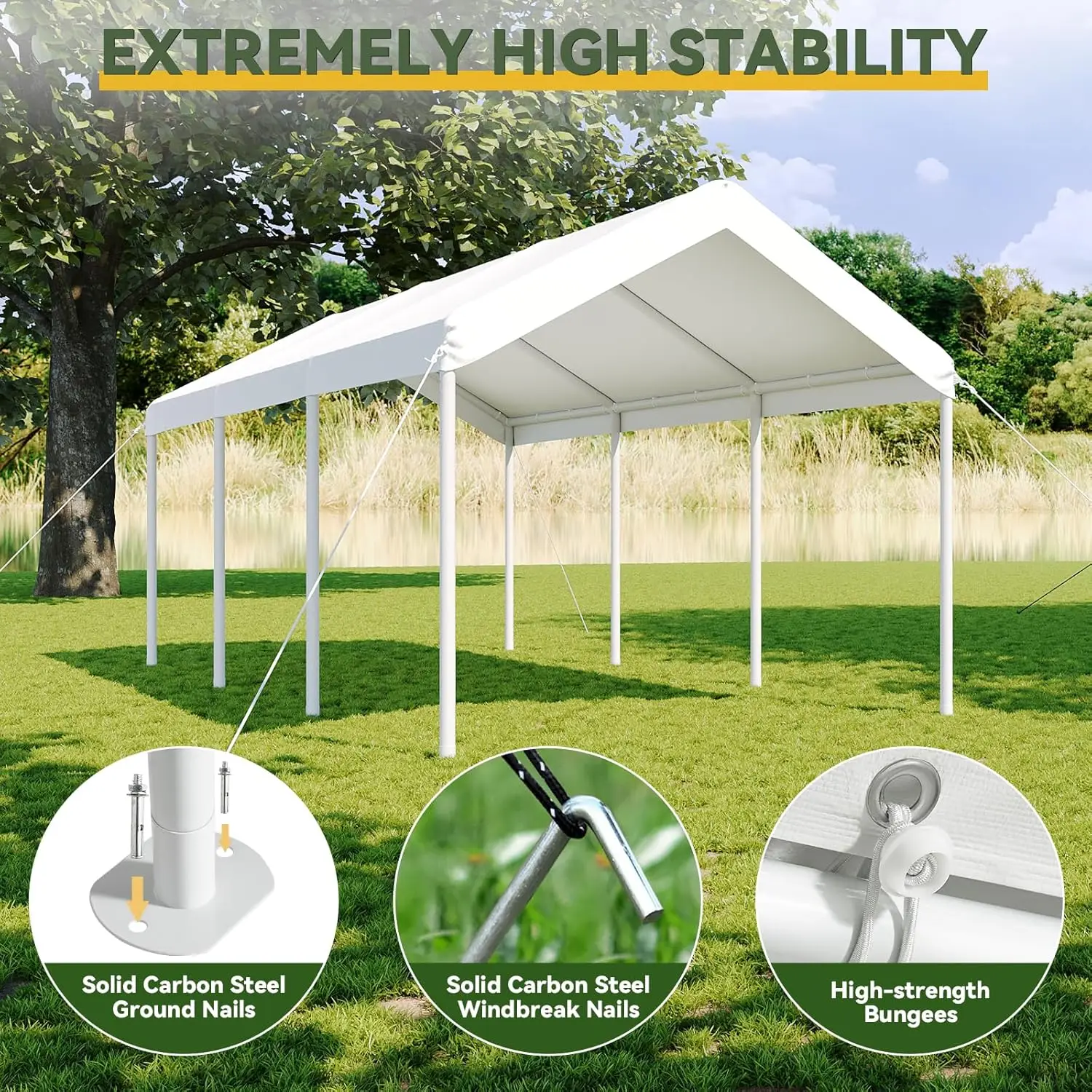 Outdoor Car Parking - Heavy Duty Tear - Resistant Canopy Carport, Wind - Resistant, No Sidewall, Milky White