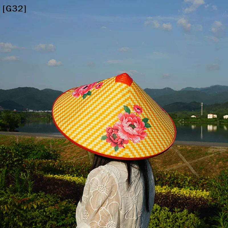 

Handmade Woven Bamboo Rattan Cone Hat Retro Straw Bucket Hat Outdoor Sunshade Rain Dance Prop Fisherman Hat[G32]