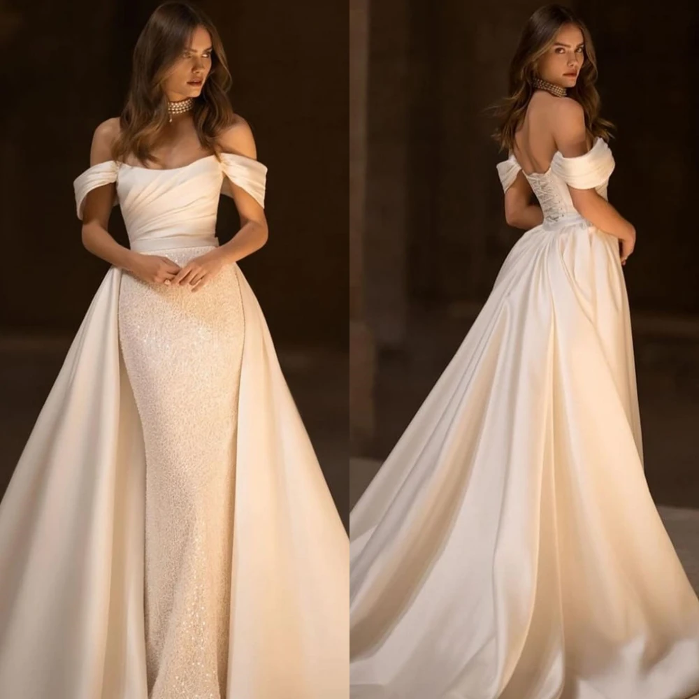 Vestido De Novia De satén blanco sirena elegante personalizado, exquisito Vestido De Novia sin tirantes, vestidos De Novia clásicos con hombros descubiertos