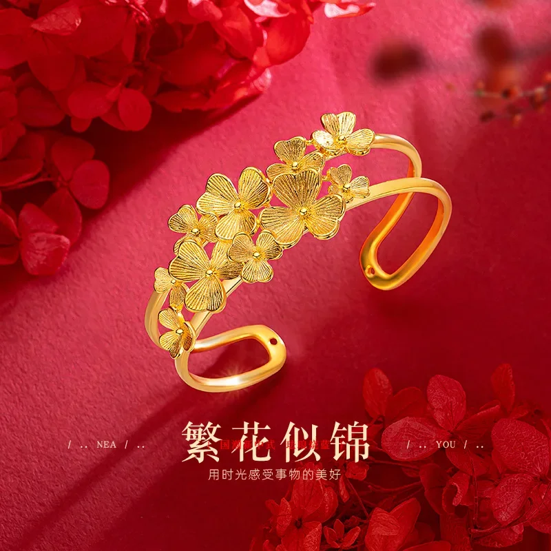 

9999 Real Gold 24K Niche High-end Open Flower Bracelet, Golden Gold Super Fairy Apricot Leaf Apricot Flower Light Luxury Female