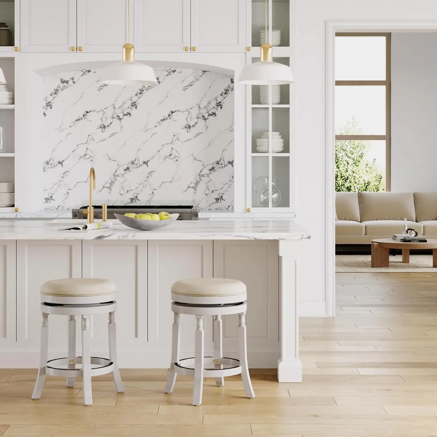 Palmer Lake 26' Counter Stool, White with Beige Fabric, Swivel, Contemporary Indoor Bar Stool