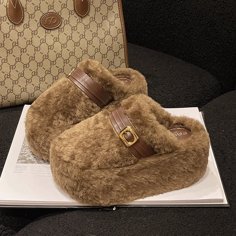 

Platform Fluffy Slippers Women Mules Shoes Flats Sandals Winter 2025 Casual Warm Shoes Slingback Flip Flops Walking Mujer Shoes