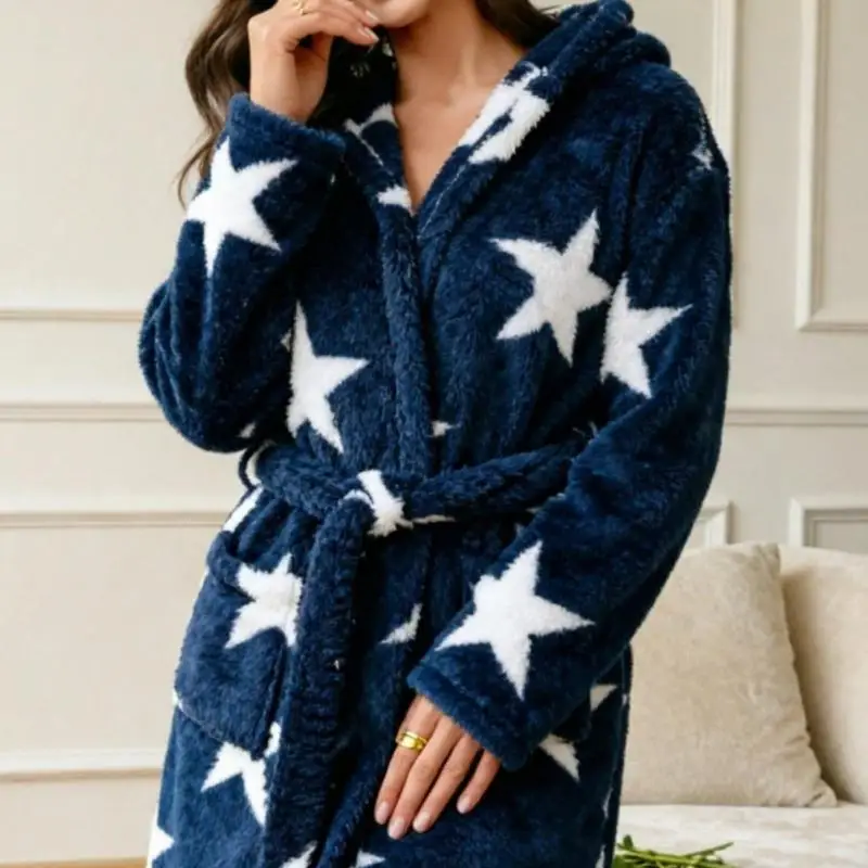 Flannel Elegant Sleepwear Kimono Gown Hooded Print Star Home Wear Mini Length Long Sleeve Nightwear Daily Shower Spa Nightie