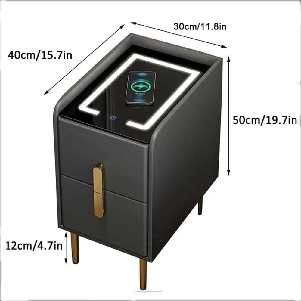 زوج من طاولات السرير الحديثة مع إضاءة قابلة للتعديل ومحطات شحن، ومنضدة مزدوجة لتنظيم غرفة النوم