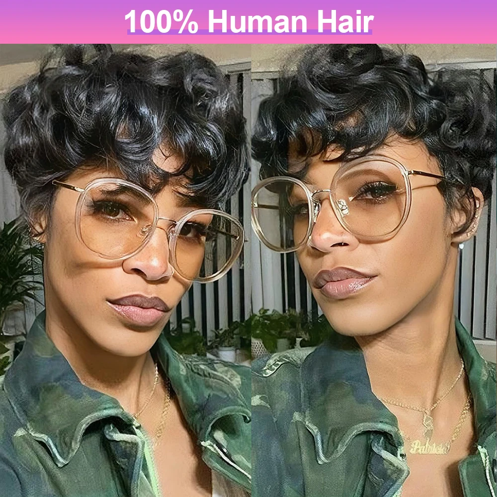 

Короткий кудрявый парик из натуральных волос для женщин, парик в стиле пикси, без клея, полностью машинной работы, короткие волосы, 100% натуральные человеческие волосы.