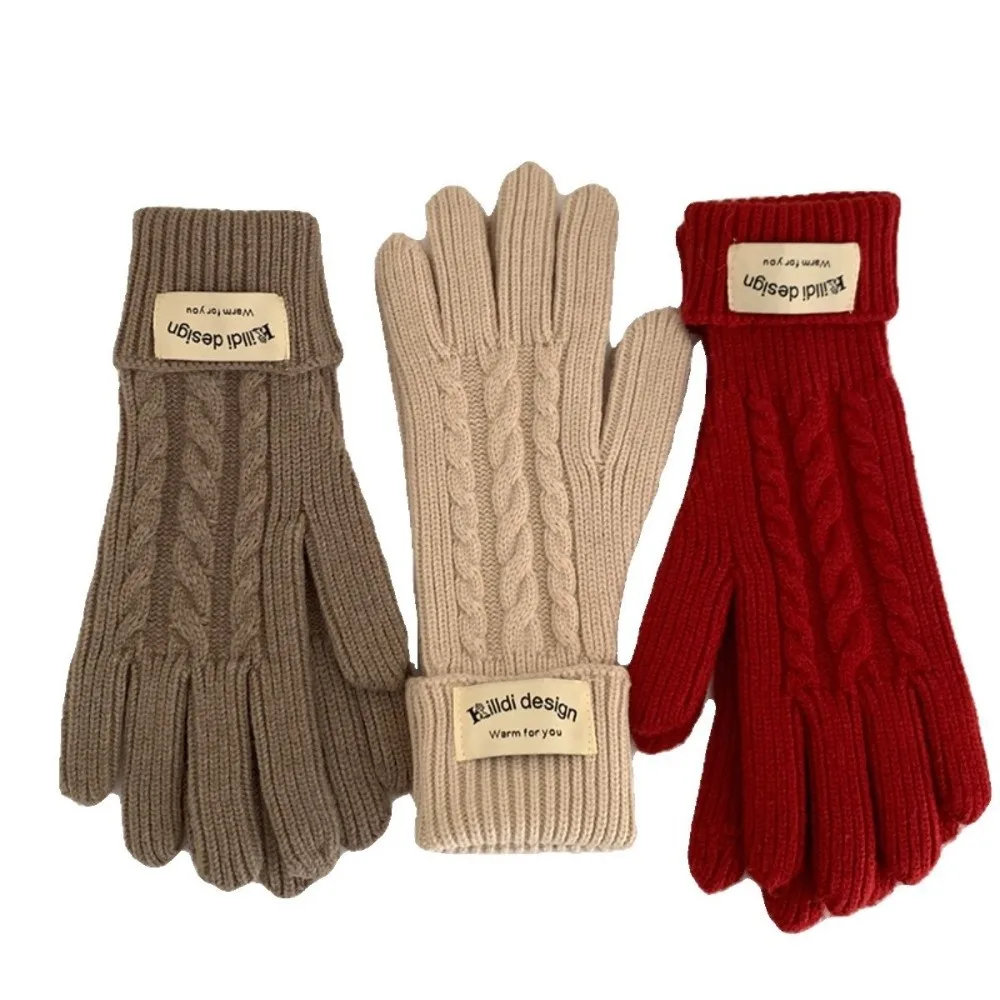 Polyester Cable Knitted Gloves Long Cuff Design One Size Full Finger Gloves Solid Color Warm Lining Touch Screen Gloves