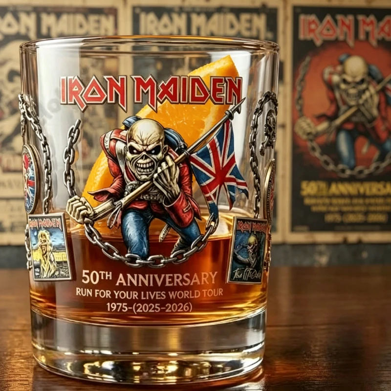 Iron Maiden 50th Anniversary Run For Your Lives World Tour Whiskey Glass, Eddie Figure Engraved Crystal Rocks Glass
