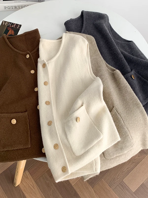 Haut de gilet tricoté Ele pour femmes Saison d'automne Bouton unique Svel Layering Faion Commute Sle rond Ne Regular L...