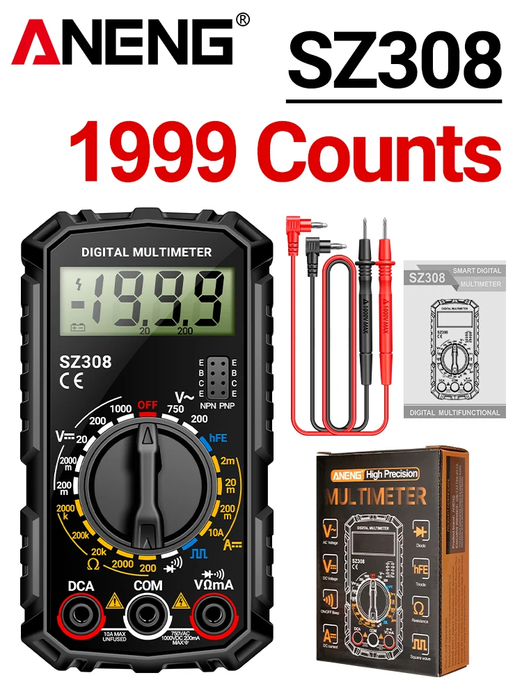ANENG SZ308 Blokgolf Digitale Tester 1999 Telt HFE Triode Zoemer Multimeter AC/DC Spanning 10A Stroom Multimeters Meter Tool - afbeelding 1