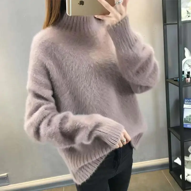 

Fdfklak Thicken Half Turtle Neck Women New Knitted Pullover Sweater Warm Coat Inside Jumper roupas feminina Ropa De Mujer 3XL