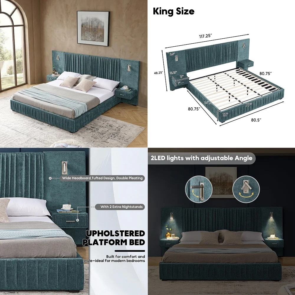

Size Luxury Bed Frame with Pleated Design Headboard, Upholstered Hotel Platform Bed with Builtin LED Lights and Nightstands, Qu
