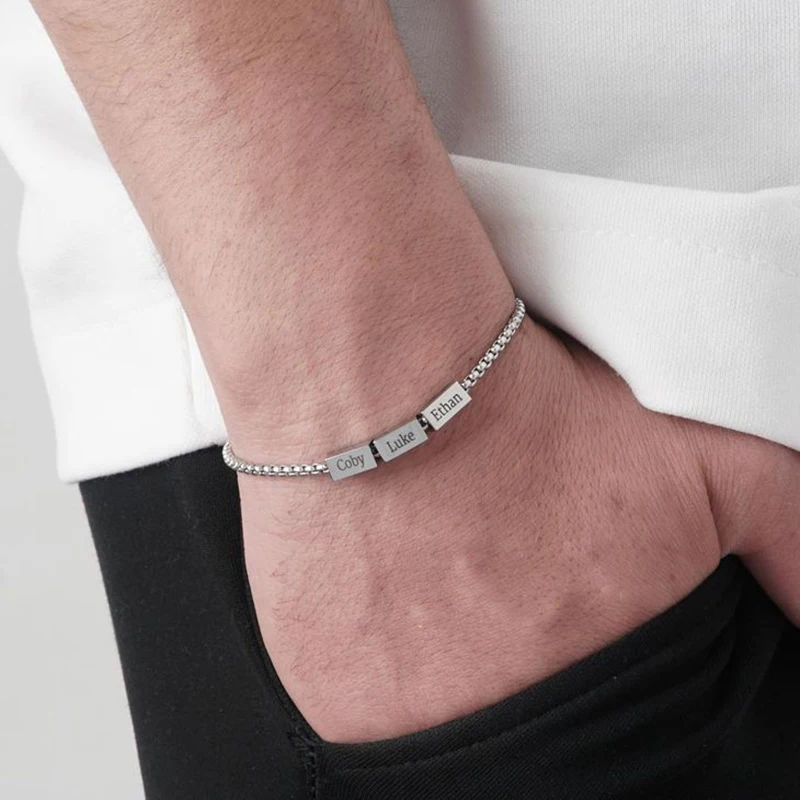 

Custom Engraved Name Square Bracelet Men Fashion Stainless Steel Pearl Chain Bracelet Jewelry Birthday Gift Wholesale