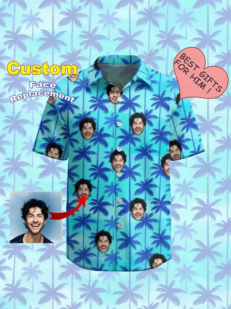 

Гавайская рубашка с индивидуальным лицом для мужчин и женщин, персонализированный Гавайский подарок для подруги, парня, блузки на пуговицах с тропическим кокосом