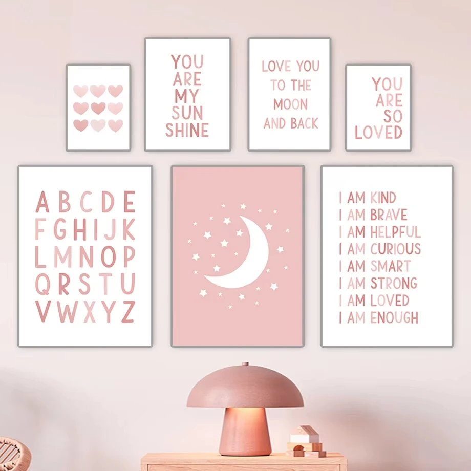 Pink Nursery Girl Power Posters Prints Heart Boho Moon Sunshine Love Positive Wall Art Canvas Home Pictures Kids Room Baby Decor