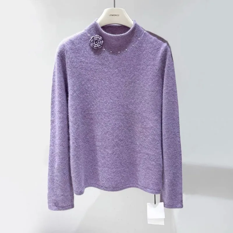 Women Korean Lazy Style Mock Neck Beaded Floral Knit Pullover Elegant Top For Autumn Winter