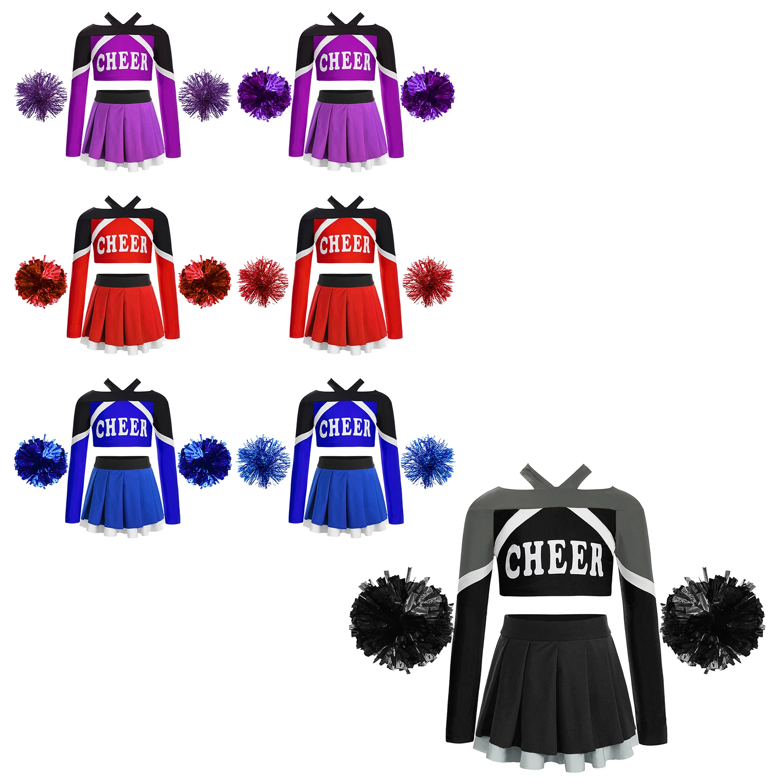 

Long-Sleeved Cheerleading Outfit for Girls Crop Top+Pleated Skirt+Flower Balls Dancewear Outfit for Modern Dance Birthday Party