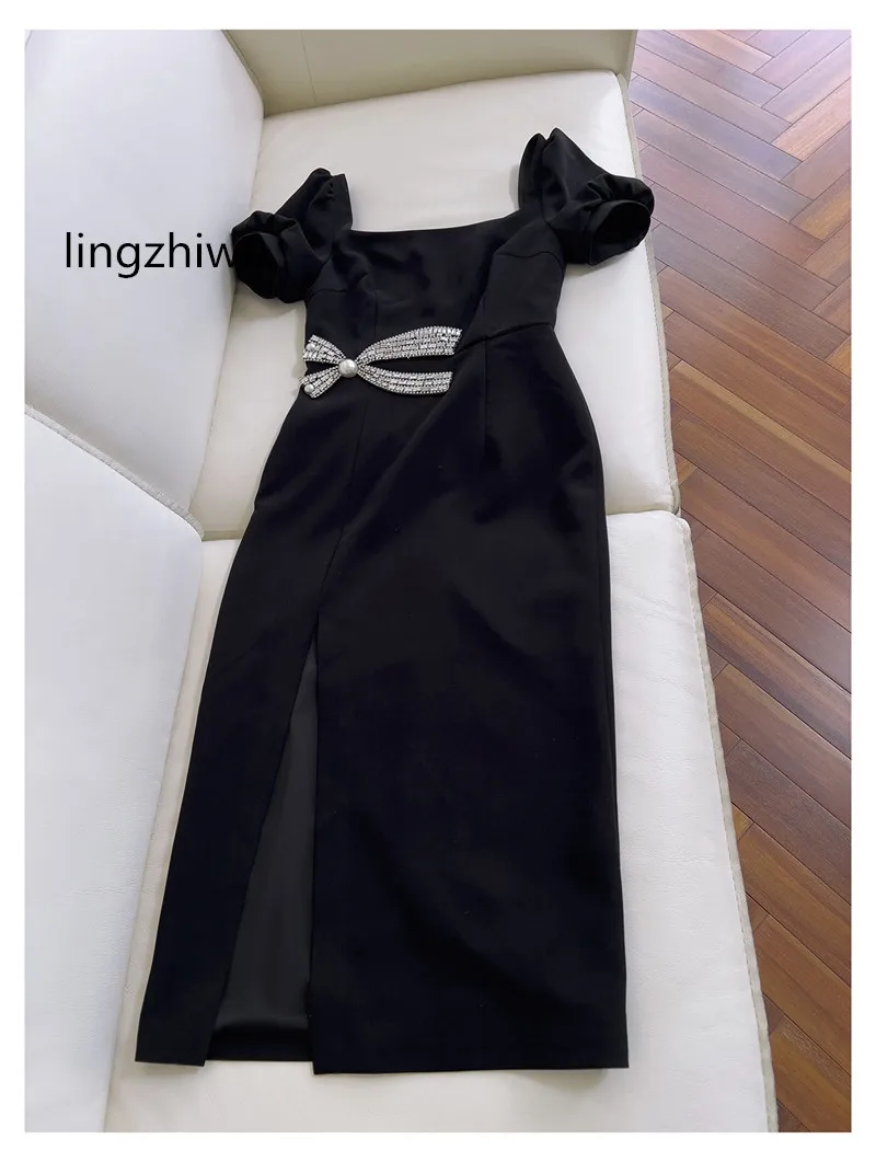 Lingzhiwu-black formal dress for women, luxury dress with diamond bow, slim waist, new summer