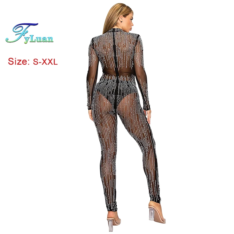 2025 ใหม่ตัดเอวผู้หญิงSlim Sheerตาข่ายผอมJumpsuitsแขนยาวHollow Out Street Club Playsuit One PieceชุดRomper