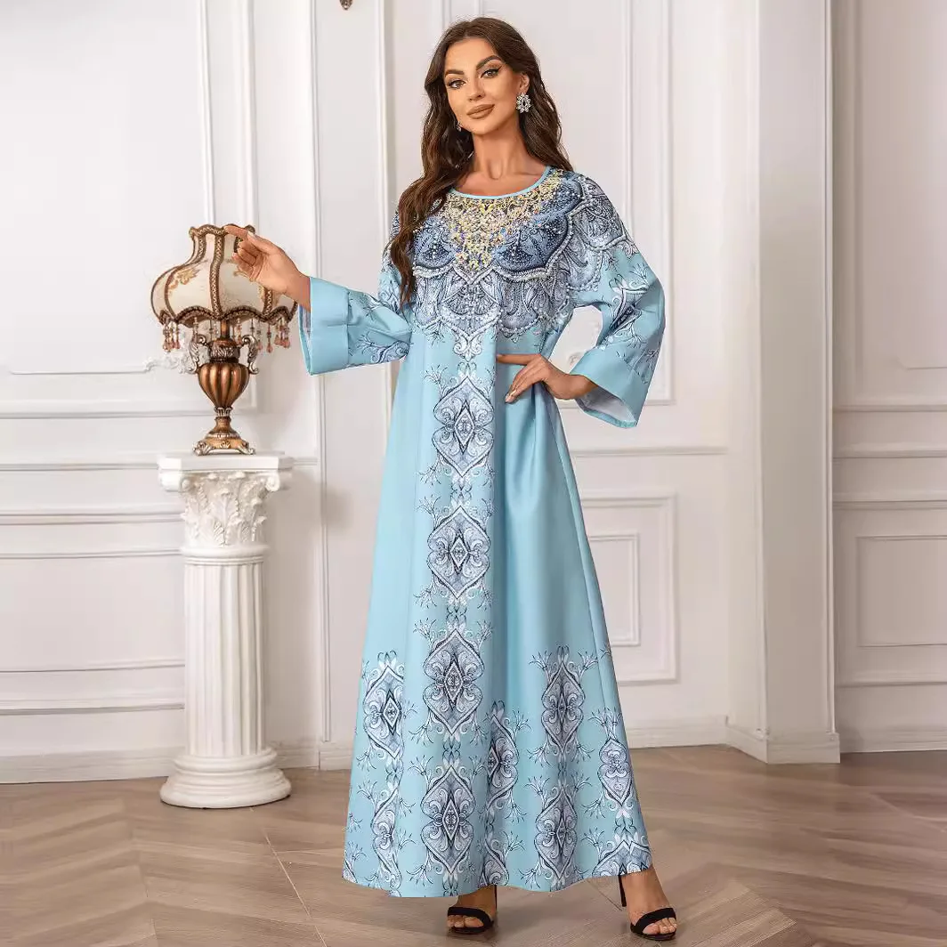 

Middle East Muslim printed robe beaded elegant crew neck dress fashionable simple temperament elegant vacation style high-end ba