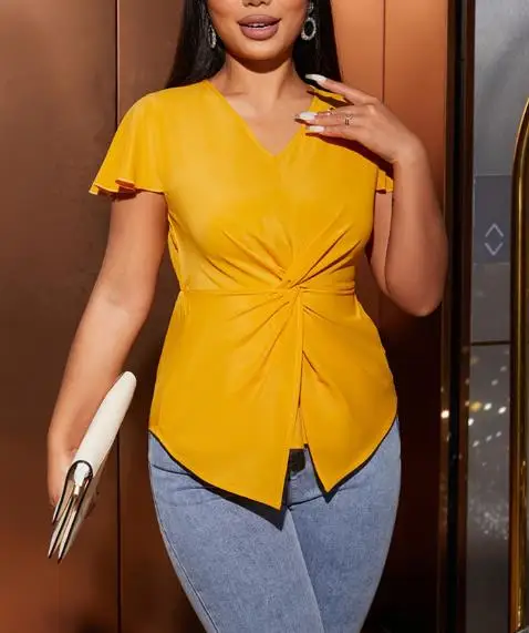 

Top Women 2026 New Spring Summer Casual Versatile V-Neck Twisted Waist Flying Sleeve Top Solid Color Elegant T-Shirt