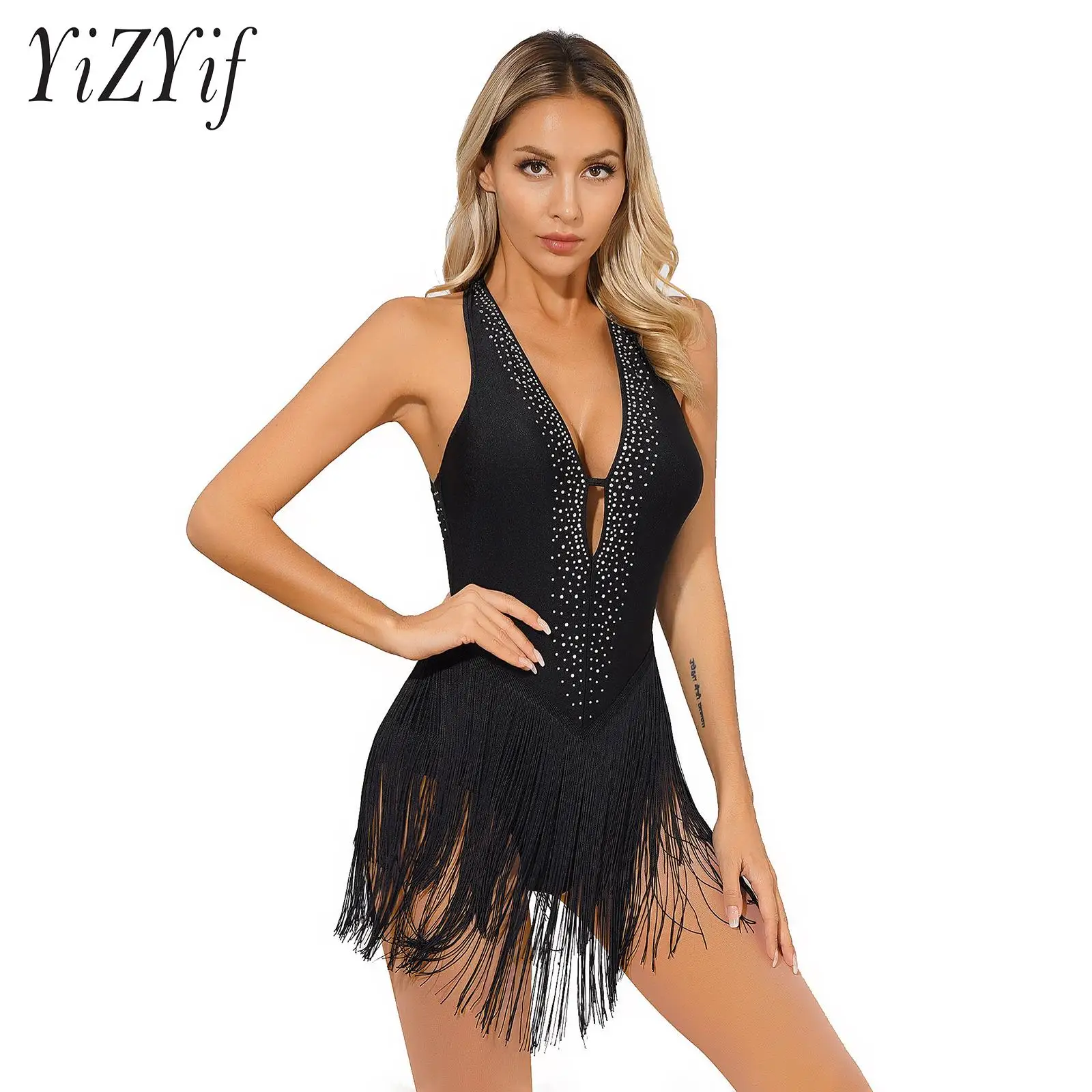 Women Latin Dance Dress Costume Rhinestone Backless Straps Tassel Skirt Leotard Fringed Bodysuit Latin Tango Dance Costume