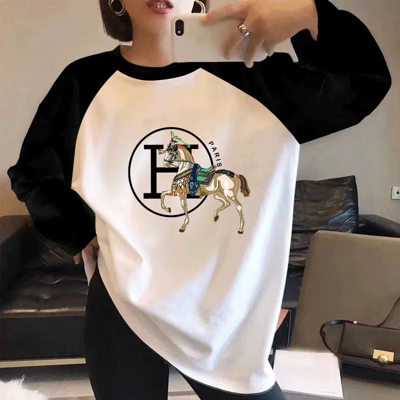 

Women Clothing Printed Vintage Long Sleeve T-shirt Autumn New O-neck Fashion Chic Tops Daily Casual Loose Pure Cotton Pullovers