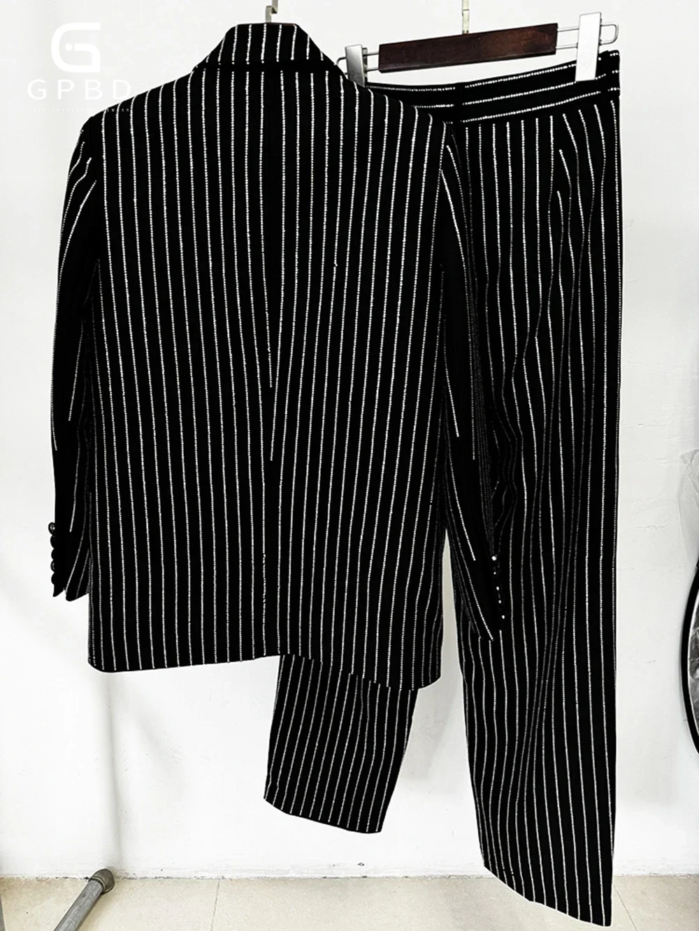 Fashion Autumn Pant Suit Women Hot Drill Striped Female Runway Work Wear Jacket Blazer and Trouser Formal 2 Piece Set