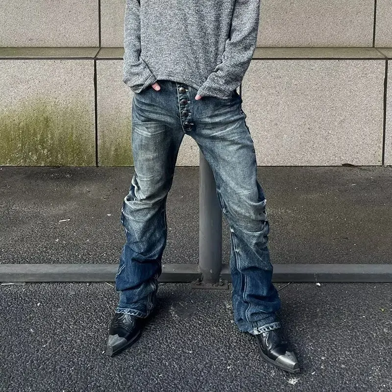 

Summer Large Size American High Street Retro Vibe Button Knife Straight Leg Slim Fit Jeans for Men Youth Fashion