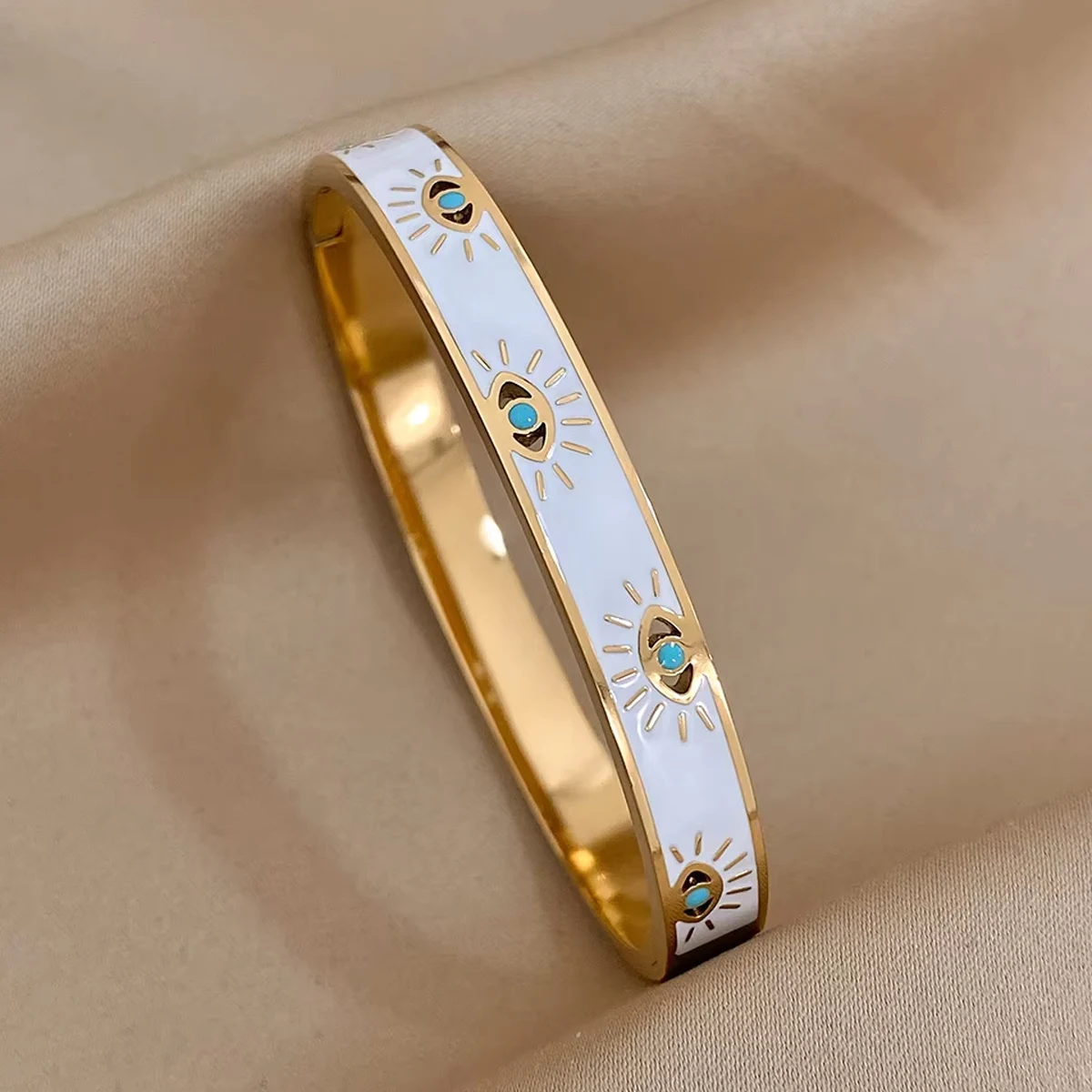 Trendy 316L Stainless Steel Evil Eye Bracelet for Women Charm White Enamel Wrist Waterproof Bangle Multi Epoxy Turquoise Bangle