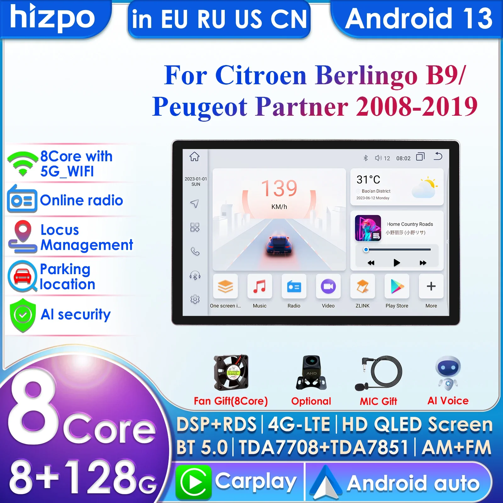 

Hizpo Carplay 4G 360 Camera Android 13 Car Radio for Citroen Berlingo B9 Peugeot Partner 2008-2019 Navi Video GPS 2din Autoradio