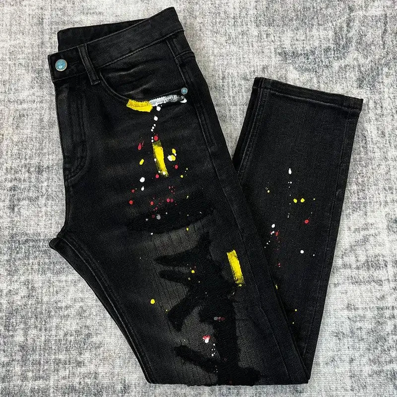 

2026 New Men's Black Denim Jeans, Hand-Painted Graffiti Design, Slim Straight Cut, Luxury Streetwear