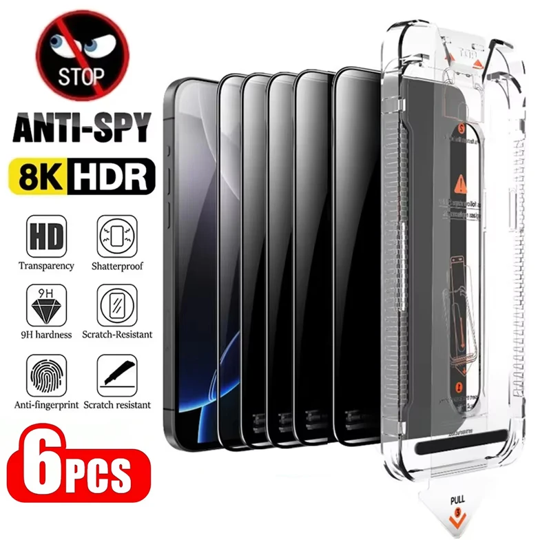 

﻿1-6PCS Oleophobic Coating Dust Free Install Screen Protectors for iPhone 17 Pro Max 13 14 11 12 15 16 X XR XS 16e Privacy Glass