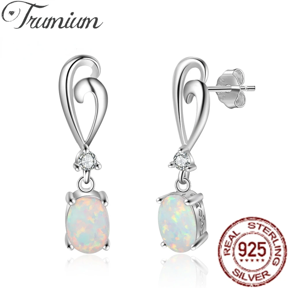 

Trumium White Opal S925 Sterling Silver Drop Hook Earrings for Women Oval Opal Heart Stud Earring Fine Jewelry Gifts