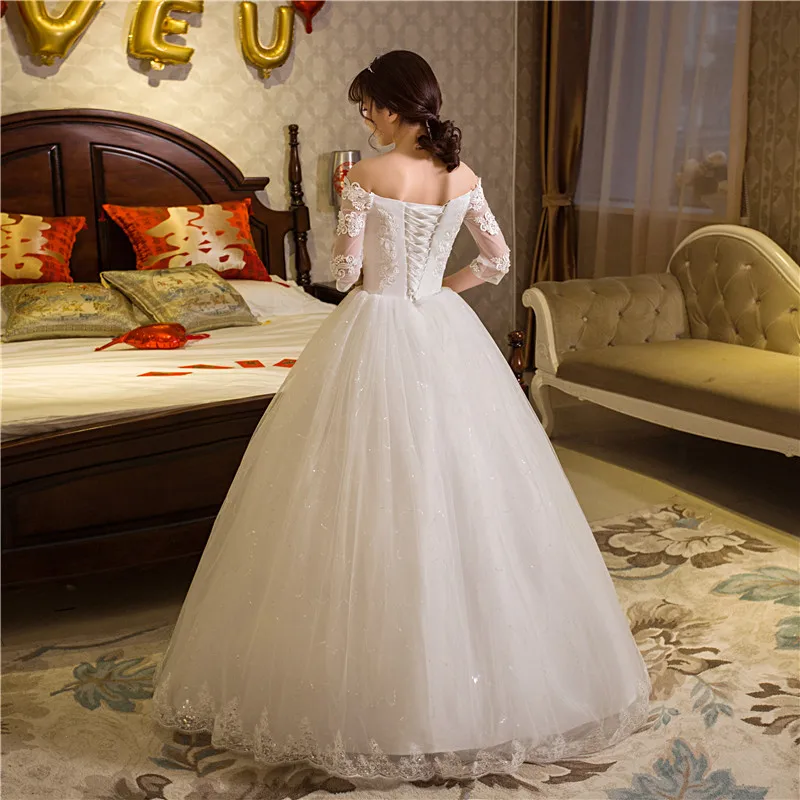 100% Real Photo Girl Wedding Dress 2023 New Half Sleeve Sweet Boat Neck Sexy Lace Gown Off The Shoulder Princess wholesale