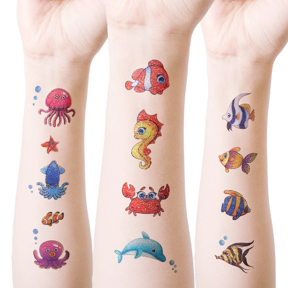 VeeCharm-Tatouages Temporaires Animaux de l'Océan pour Enfants, Étoile de Mer, Méduse, Baby Shower, Cadeaux d'Anniversaire, Remplissage de Sacs, 1/12 Feuilles