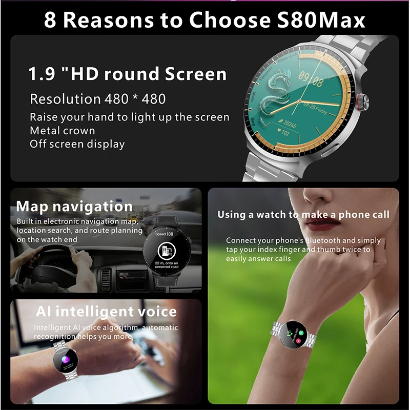 S80 Max Smart Watch Wireless Charger 1.9 Inch 8763-VP 480*480 Wireless Charging Men Smartwatch Bluetooth Call