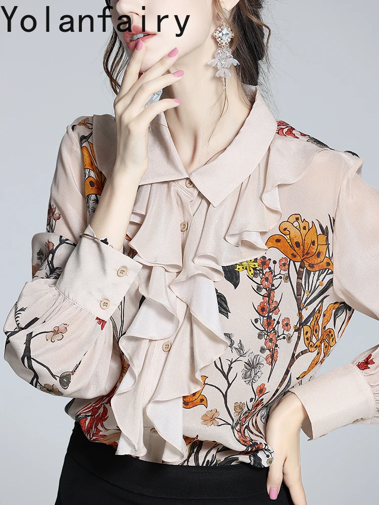 YOLANFAIRY 100% véritable mûrier soie à manches longues chemises femme automne haut à volants léger luxe chemises florales femme hauts à la mode