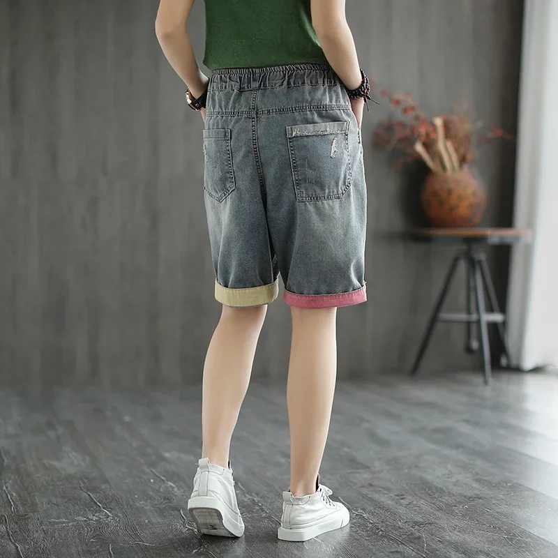 Summer Women Denim Shorts Female Vintage Flowers Embroidery Patch Shorts Woman Elastic Waist Loose Jeans Shorts