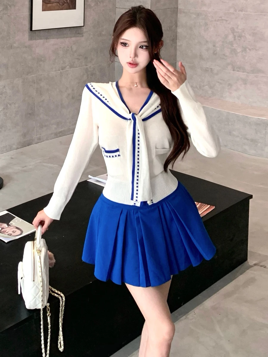 Korean College Style Navy Collar Fake Two-Piece Shoulder Shawl Patchwork Knitted Top Klein Blue High Waist Pleated Skirt Set