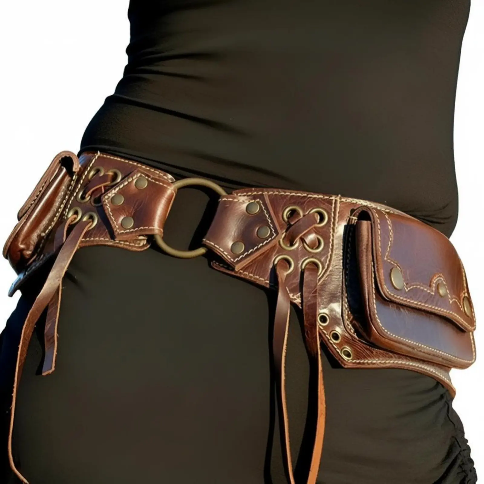 

Medieval Steampunk Leather Waist Bag, Retro Multi-Pocket Belt Pouch, Norse Costume Accessory, Halloween Cosplay, Adult