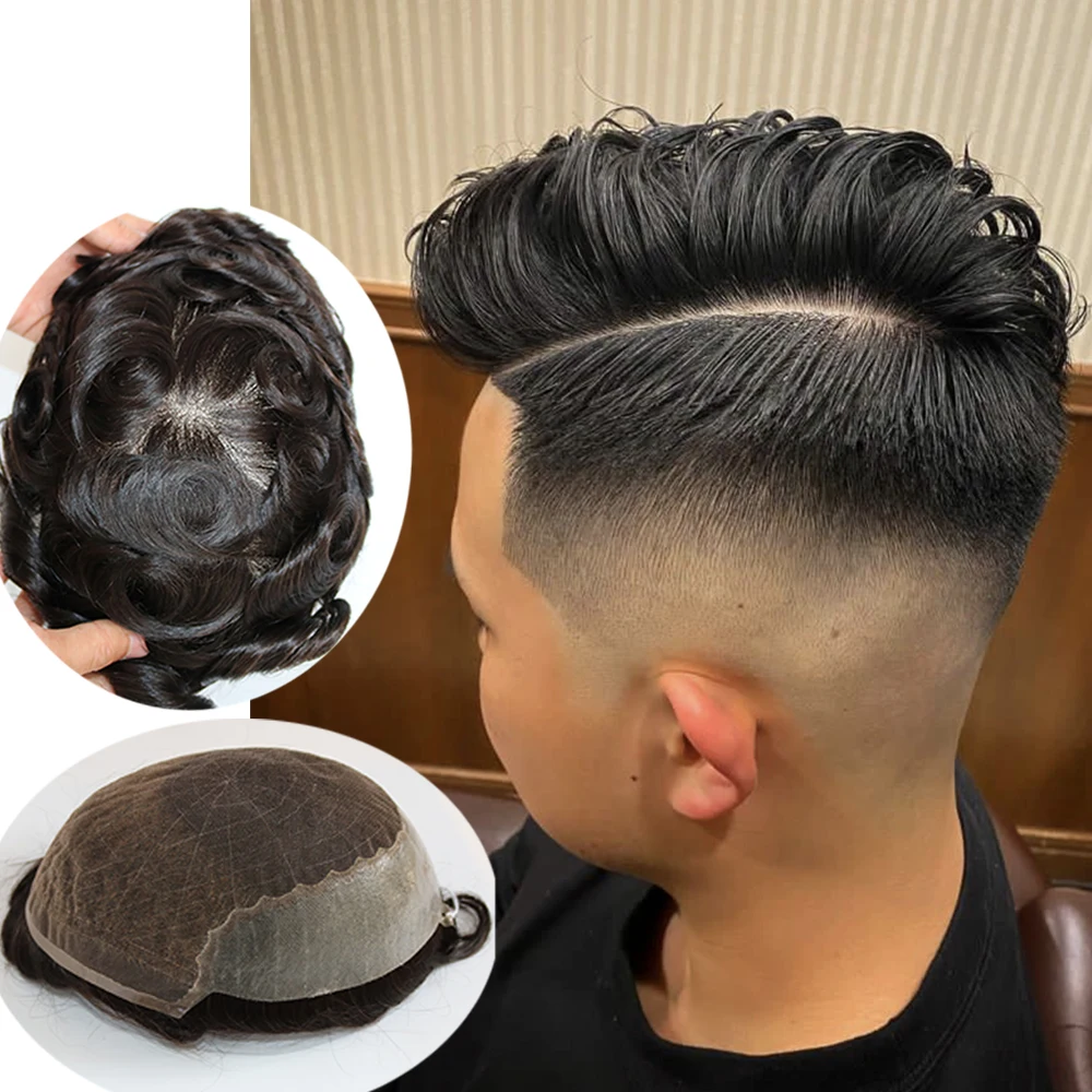 # 1B rambut palsu pria renda Swiss Super Q6 hitam & PU sekitar 100% rambut manusia wig pria adem renda depan rambut palsu pria obral tidak dapat dilepas