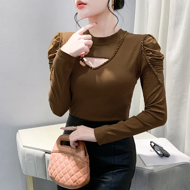 

2025,New,European,Clothes,Fall,Winter,Mesh,T-shirt,Fashion,Sexy,Hollow Out,Shiny,Beading,Women,Tops,Long Sleeve,Hot,Tees,410128