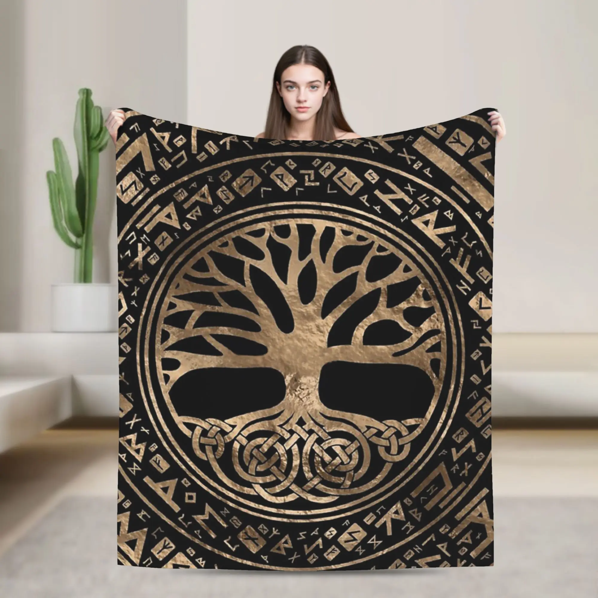 Tree Of Life Yggdrasil Runic Pattern Coral Fleece Plush Throw Blankets Vikingg Blankets for Sofa Outdoor Soft Bedroom Quilt