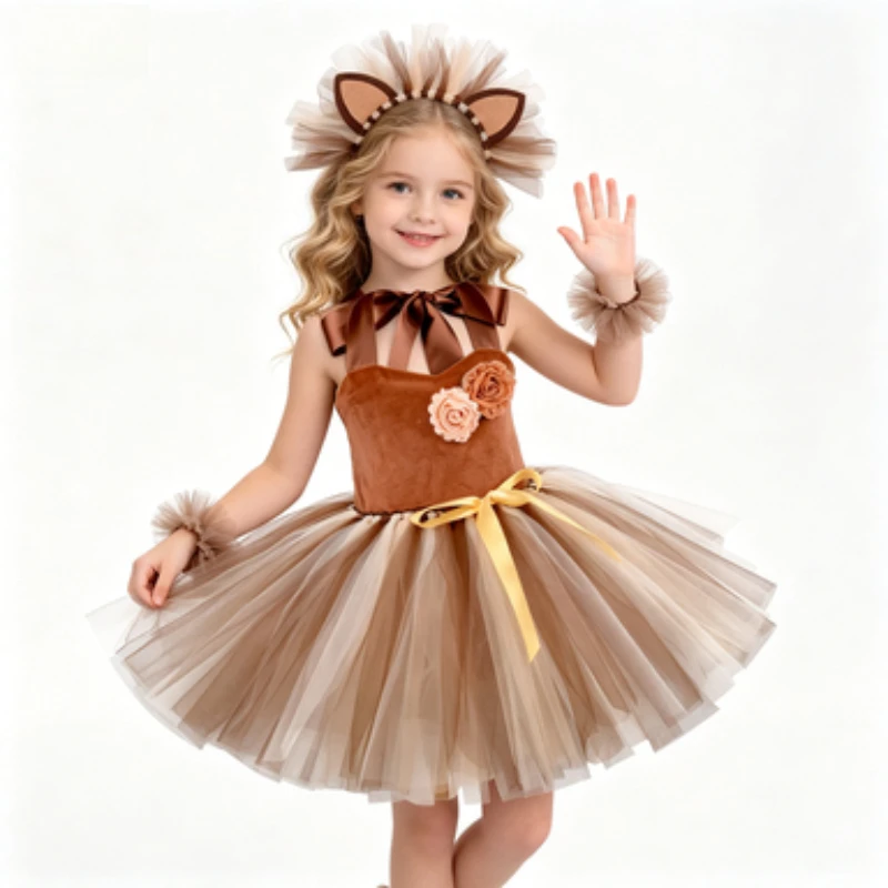 Girls' Brown Lion Tutu Dress Set, Kids Jungle-Themed Stage Performance Clothes, Girls' Tulle Skirt for Halloween Party Shows