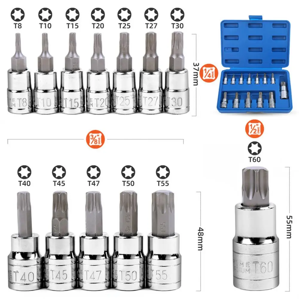 Set di bussole a punta esagonale Torx a stella 13 pezzi T8-T70 H2-H14, prese CRV da 1/4 di pollice, 3/8 pollici e 1/2 pollici per lavori manuali