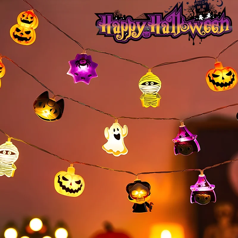 1/2/3PC 10/20 LED Halloween String Lights Battery Powered With Ghost Witch Cat Pumpkin Spider Web Skeleton Mummy Pirate Shape